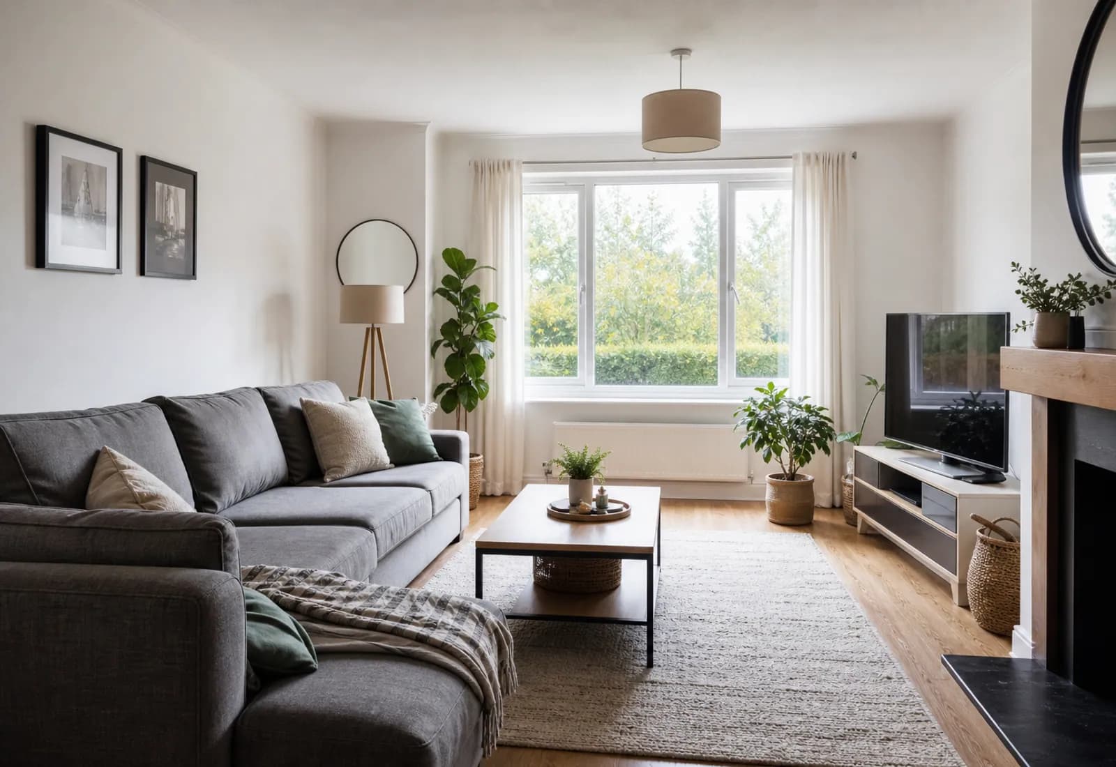 Clean and welcoming modern living room in a British home.